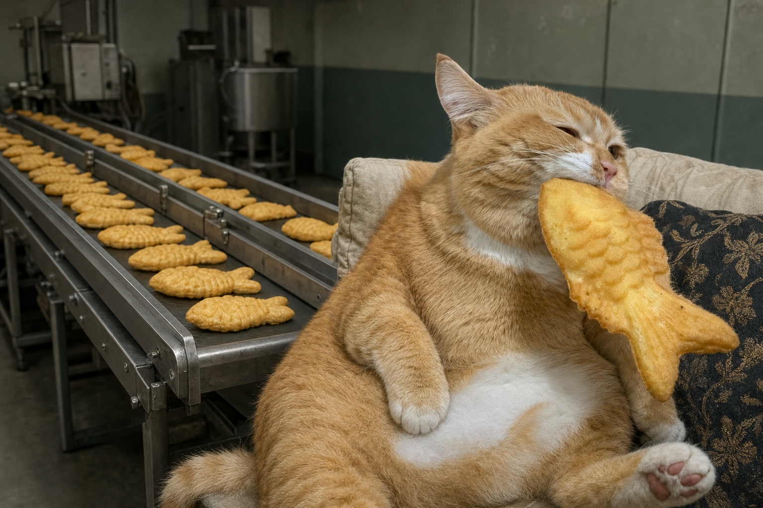 Chippy, a round orange cat, lounging beside a conveyor of fish-shaped snacks with one held in his mouth